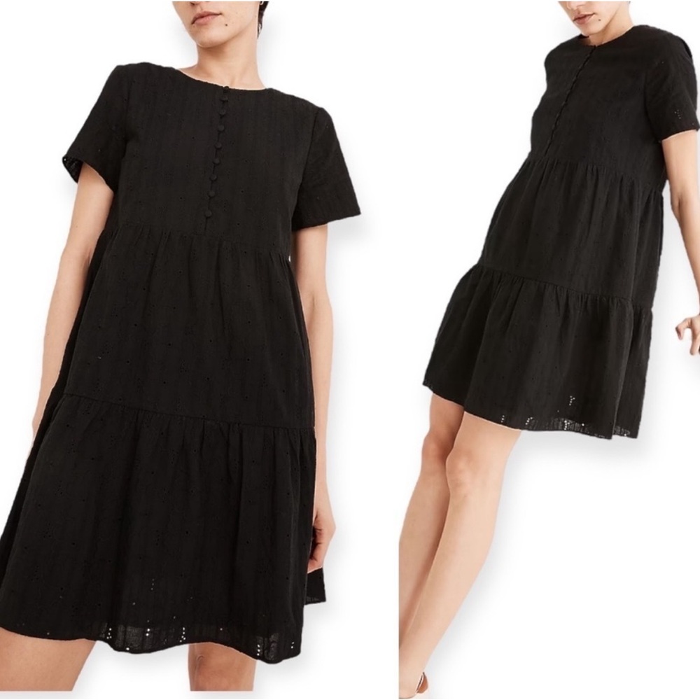 Madewell Embroidered Eyelet Button-Front Tiered Mini Dress Size Small